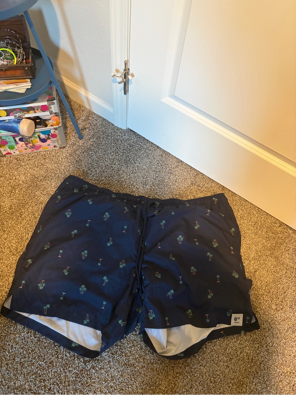George Navy Swim Trunks with Green Palm Print